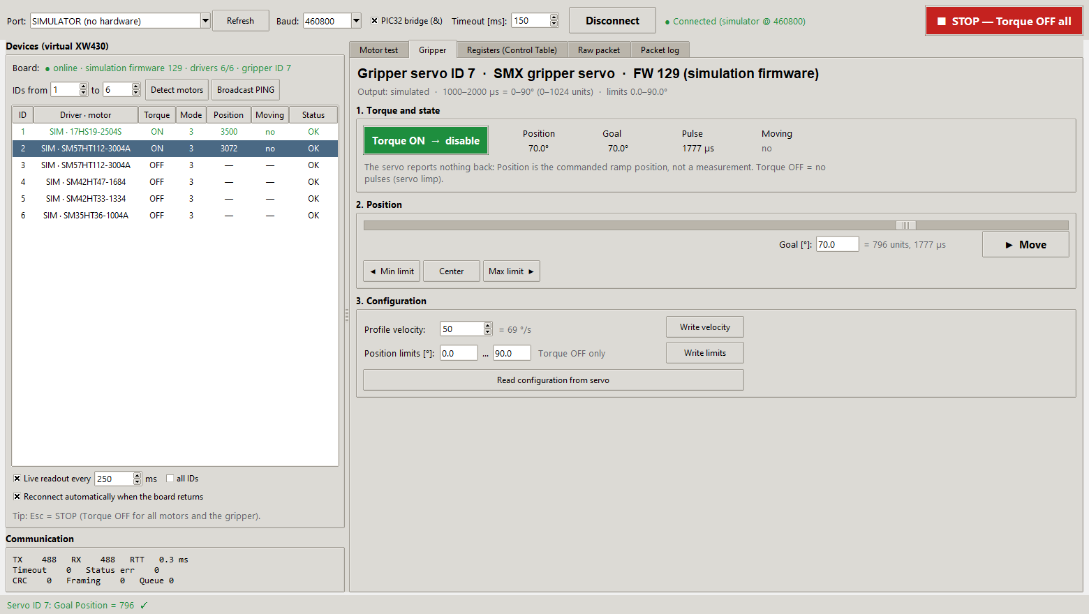 Gripper tab with the simulator: servo at 70° after a move with Profile velocity 50
