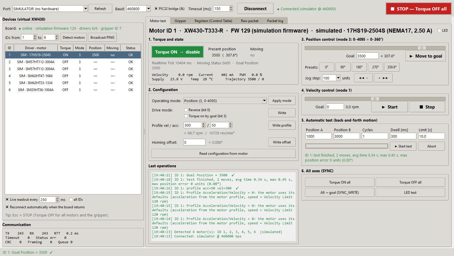 Motor test tab with the simulator after an automatic A↔B test