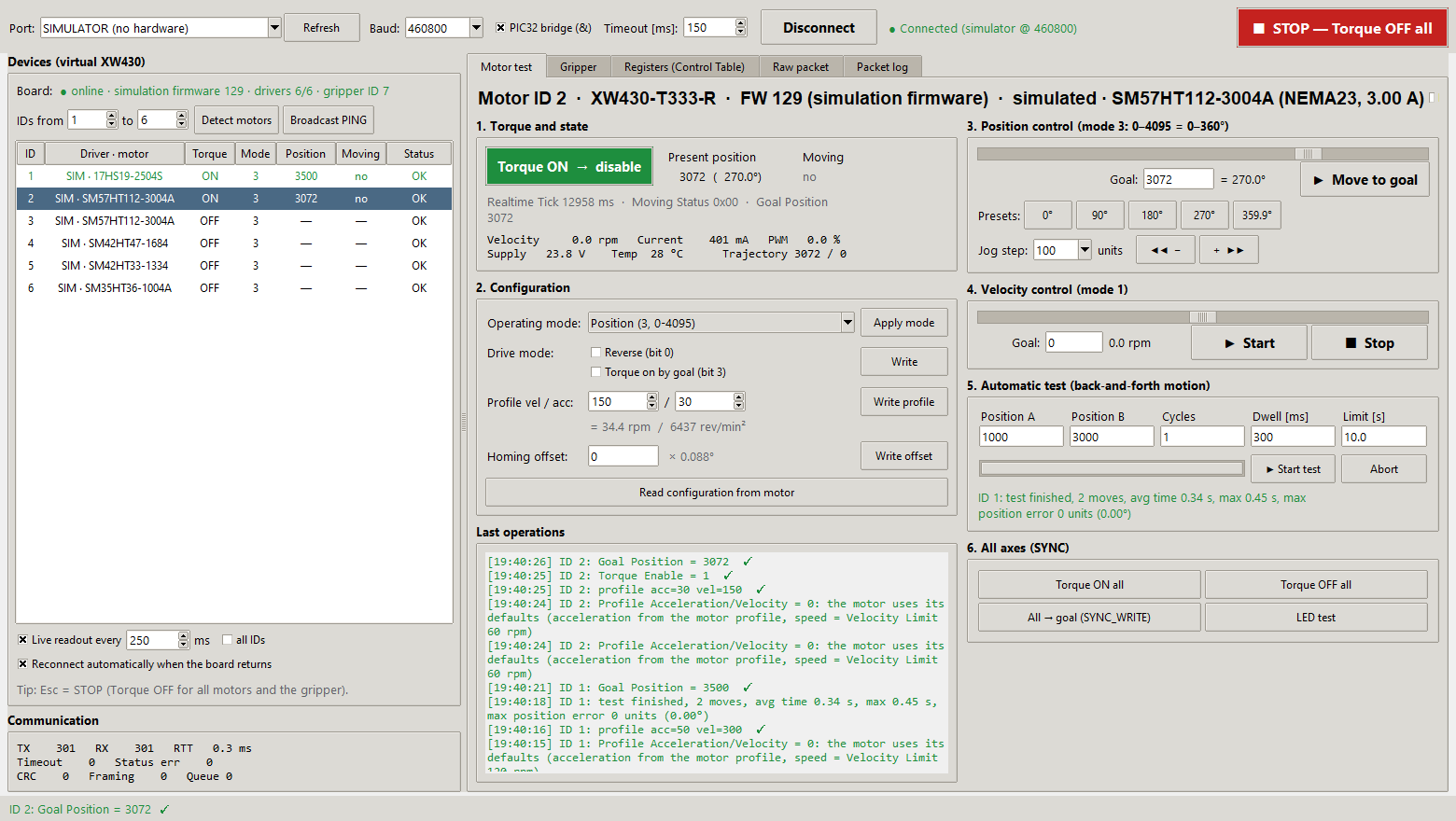 GUI with the simulator (FW 129, like the simulation firmware): telemetry line of axis 2 in section 1